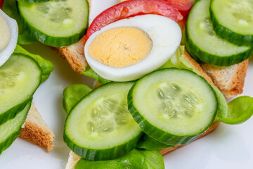 Fried white bread toasts with vegetable and egg slices on a plate