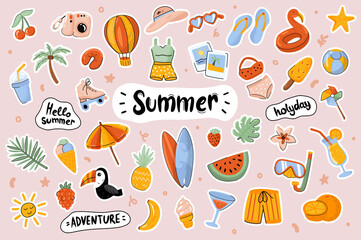 Hello Summer cute stickers template set. Bundle of clothes, shoes, food, drinks, objects. Holiday, sea resort, season entertainment. Scrapbooking elements. Vector illustration in flat cartoon design