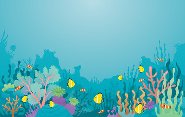 Naklejka na ściany i meble Underwater, Coral Reef, Sea Anemone and Fish Background