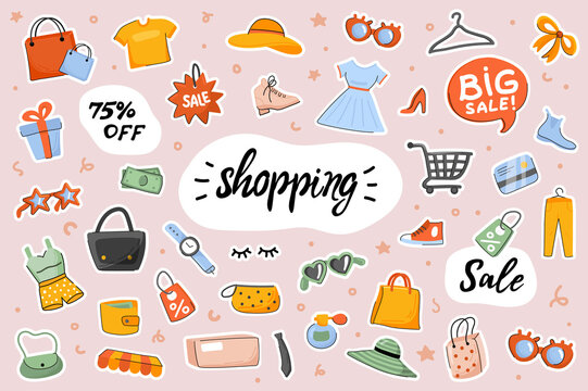 Shopping cute stickers template set. Bundle of clothes, shoes, accessories, purchases bags, shop items. Big sale discount prices. Scrapbooking elements. Vector illustration in flat cartoon design