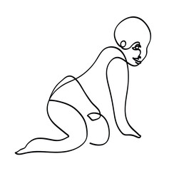 One line drawing of happy baby.
One continuous line drawing of sitting cute baby.