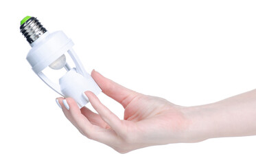 bulb holder with motion sensor in hand on white background isolation