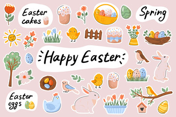 Happy Easter cute stickers template set. Bundle of festive cakes, eggs, bunnies, chickens, flowers, springtime holiday symbols. Scrapbooking elements. Vector illustration in flat cartoon design
