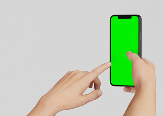 Hand or Hands holding an Iphone 12 Pro max and pointing,  3d render realistic mock up on white backgound with green screen to replace with your design