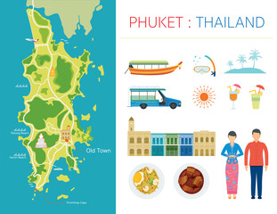 Phuket Map and Tourist Attraction Objects, Peranakan Culture, Food, Architecture and People - obrazy, fototapety, plakaty