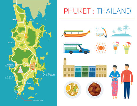 Phuket Map and Tourist Attraction Objects, Peranakan Culture, Food, Architecture and People