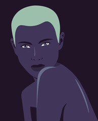 Portrait of a young African woman. Fashion model. Summer night. Vector illustration in flat style.
