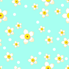 Obraz premium daffodils and white polka dots spring seamless pattern in blue background