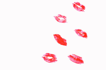 Lip prints with red lipstick on white isolated background