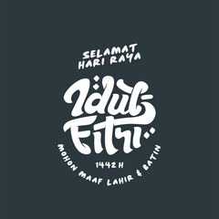 Selamat Idul Fitri.Translation: Happy Eid Mubarak. Eid al-Fitr Greeting with hand lettering calligraphy and illustration. vector illustration square banner ads.