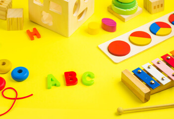 Development toys wooden puzzle, blocks and sorter. Educational games. Activity for kids. Child development concept
