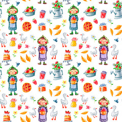 Summer watercolor seamless pattern with grandma, geese, jam, apples, watering can, flowers and pies. For textiles, wallpapers, postcards and various designs. 