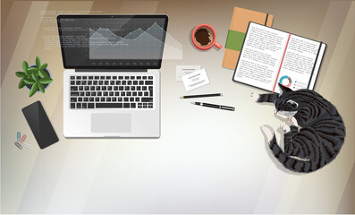 Coworking home-office interior with laptop and table with coffee cup, documents, smartphone, notebooks and  cat slipping on the table. Top view workspace vector illustration