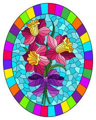 Illustration in the stained glass style with a bouquet of pink daffodils on a blue background, oval image in bright frame