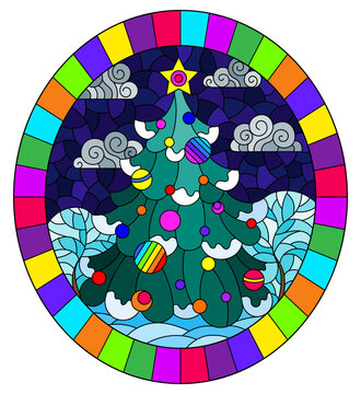 Illustration in the style of a stained glass window on the theme of winter holidays,with decorated christmas tree against the background of a winter night landscape
