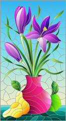 Illustration in stained glass style with floral still life, vase with a bouquet of purple flowersin a vase and fruit on a blue sky background
