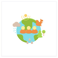 Humans and ecosystem flat icon.People impact ecosystem. Protection flora,fauna. Saving animals,plants. Prevention of global warming. Earth protect concept. 3d vector illustration