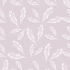 Hand-drawn floral background. Vector seamless pattern in doodle style. White leaves on a beige background.