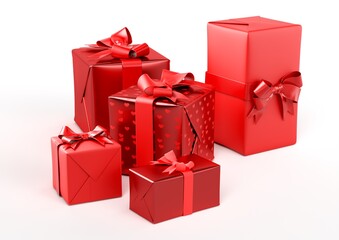 Red gifts with ribbons and laces on white background, 3d realistic render, for sales, san valentin or christmas