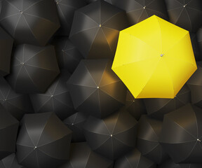 Concept image with lots of black umbrellas and a red umbrella that stands out, be unique