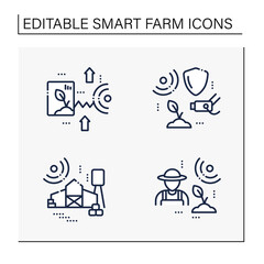 Fototapeta premium Smart farm line icons set. Consist of large farm, CCTV, agronomist, crop monitoring.Agricultural innovation concepts.Isolated vector illustrations. Editable stroke