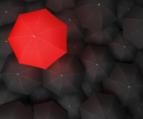 Concept image with lots of black umbrellas and a red umbrella that stands out, be unique