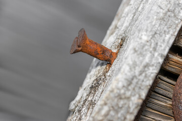 Close up shot of rusty nail on a wooden plank