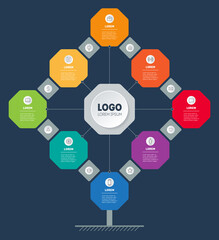 Part of the report with icons set.  Business concept with 8 variations and 16 icons. Web Template of chart, diagram or presentation. Mind map. Infographic of technology or education process.
