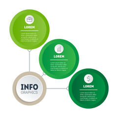 Green Business concept with three options, parts, steps or 3 processes. Timeline or infographics of development and growth of the business. Time line of 3 balls.