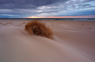 Morze Bałtyckie, zachód słońca, plaża w Kołobrzegu, Polska.