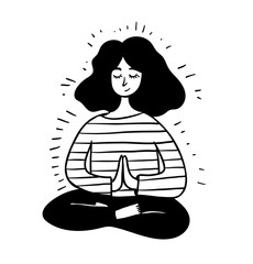Women meditation. Girl sitting in lotus position. Hand drawn line vector stock illustration. concept about harmony and meditation.