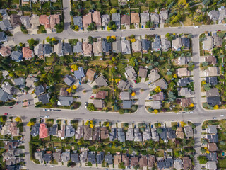 Calgary, Alberta, Canada, aerial top down view of houses and streets in beautiful residential neighbourhood during fall season.