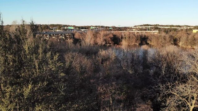 Aerial View of MoPac Highway and Panning to Downtown Austin From Zilker Park
