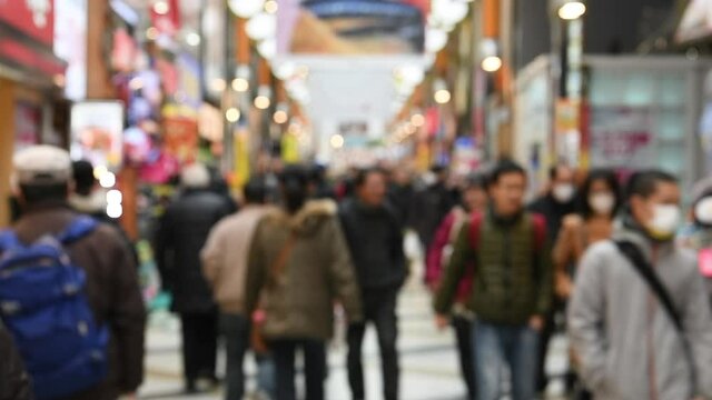 Tokyo Japan Feb 10, 2019 : Blurred motion: Pedestrians walking and shopping at Nakano sun mall , Tokyo, Japan