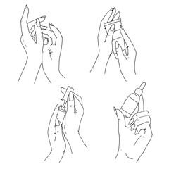Set of Beautiful female hands with manicure. Nail polish. Hand and nail care. Hand drawn by lines. Vector illustration isolated on white background.