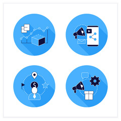 Customer data platform flat icons set. Predictive modeling, content marketing, client attributes, marketing campaigns. Customer data concepts. Vector illustrations