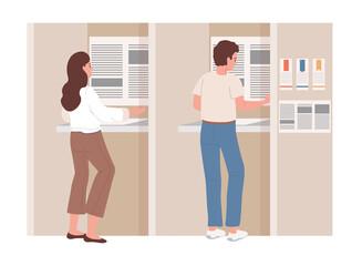 Man and woman make political choice for their candidate and vote for politicians at voting station vector flat illustration. Political elections, election campaign. People making civil obligation.