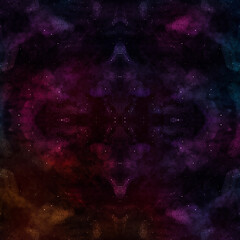 Blue, violet, pink and orange watercolor drawing of night sky with stars.  Cosmos and universe backround. Effect of a kaleidoscope.