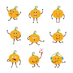 Collection cartoon funny pumpkin different emotions. Design elements for print, party decoration,  illustration,  sticker.