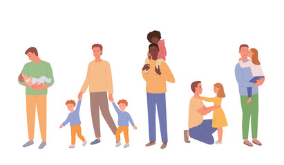 Fototapeta premium Happy Father's Day. Dad, son and daughter are together and happy. A set of parent and child characters, full-length figures isolated on white. Cute vector illustration in flat style