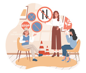Group of happy smiling women learning driving theory, road signs, traffic rules vector flat illustration. People preparing for exams for driver license. Driving school for women only concept.