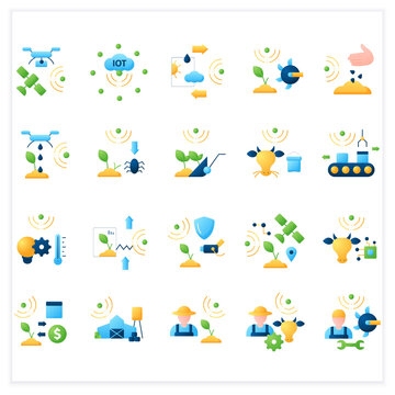 Smart farm flat icons set. Consist of weather tracking, drones photograph, irrigating land, pests and weeds elimination.Agricultural innovation concepts.3d vector illustrations