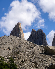 Wonderful vertical photo trekking in Torres del Paine, eighth wonder of the world in Chile, Chilean Patagonia in the Andes mountain range