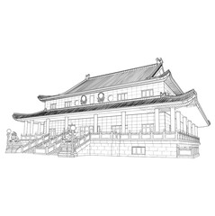 Chinese temple or Buddhist monastery. Traditional China house of worship. Classic Asian religious building and landmark. Chinese cultural and spiritual architecture. Vector.