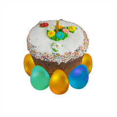 Traditional Slavic Easter cake decorated with sprinkles and colored flowers. Minimalistic Easter composition with  colored eggs and Easter cake on white background.