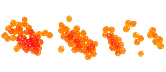 Delicious red caviar isolated on a white background, top view. Heap of red caviar. Seafood.