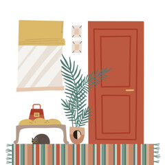 Cozy home entrance hall interior with furniture - closed door, window, plant, carpet, banquet with cat. Flat cartoon style vector illustration in Scandinavian style.