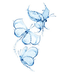Three butterflies made of water splashes isolated on white background