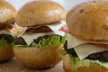 Homemade grilled hamburger on plate with white background. Homemade Beef Burger. Homemade Beef Burgers. Homemade beef burgers with cheese