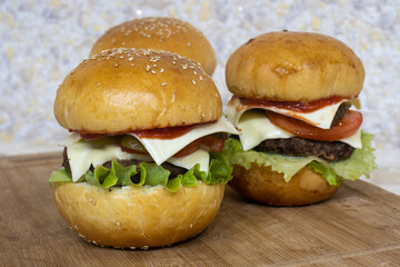 Homemade grilled hamburger on plate with white background. Homemade Beef Burger. Homemade Beef Burgers. Homemade beef burgers with cheese